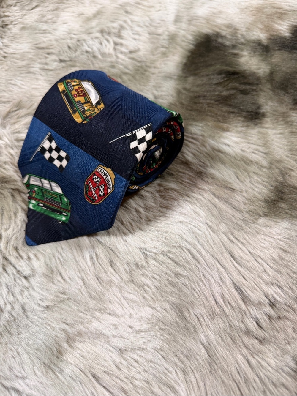 Vintage Puritan Special Edition Men’s Navy Racing Print Tie NASCAR Cars + Flag